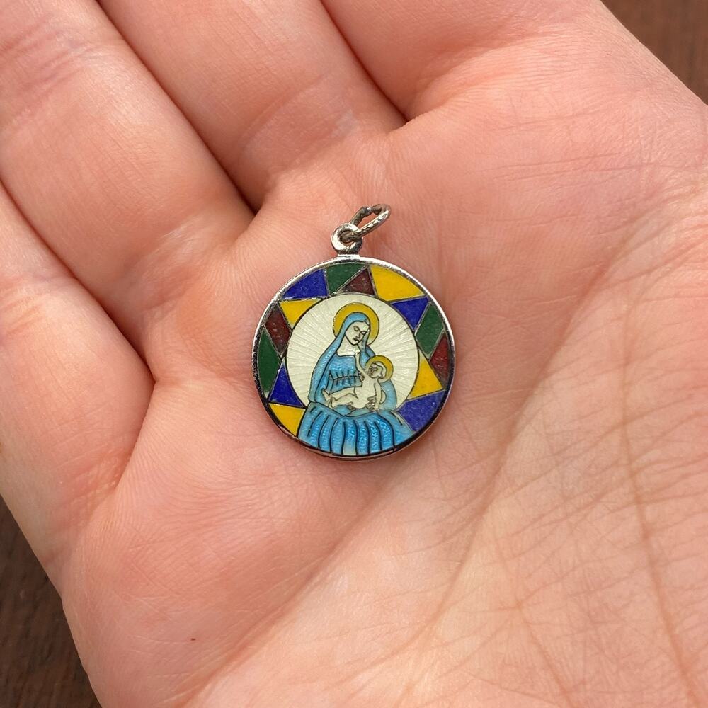 Vintage Beau 925 Sterling Silver Madonna & Child Stained Glass Pendant Charm